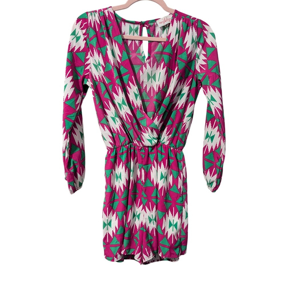 Madelynn Womens Pink Green Geometric Tribal Print Long Sleeve Romper Size Small